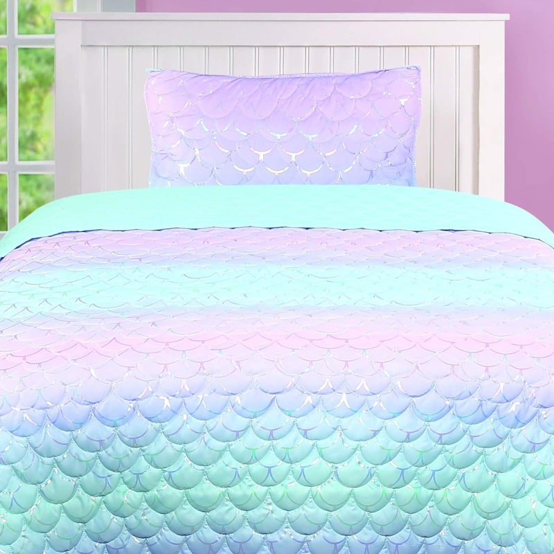 Tadpoles Girls Mermaid Pattern Quilt Set, with 1 Twin Size Quilt and 1 Standard Sham, Lightweight, Soft, and Durable, Iridescent Metallic, for Kids, 2-Piece Set - Twin. - Image 3